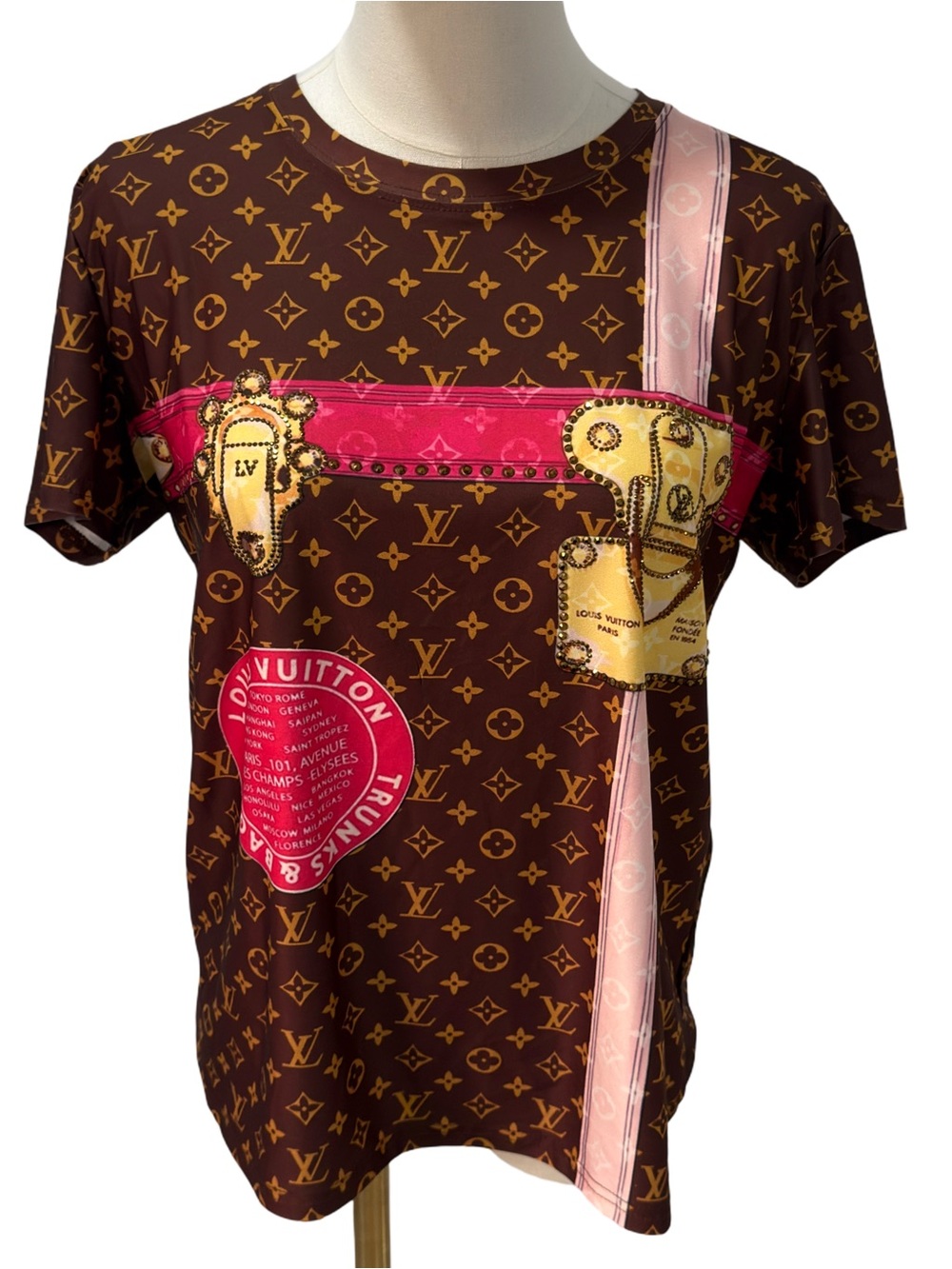 Brown Monogram Tee with Pink and Gold Graphic Details